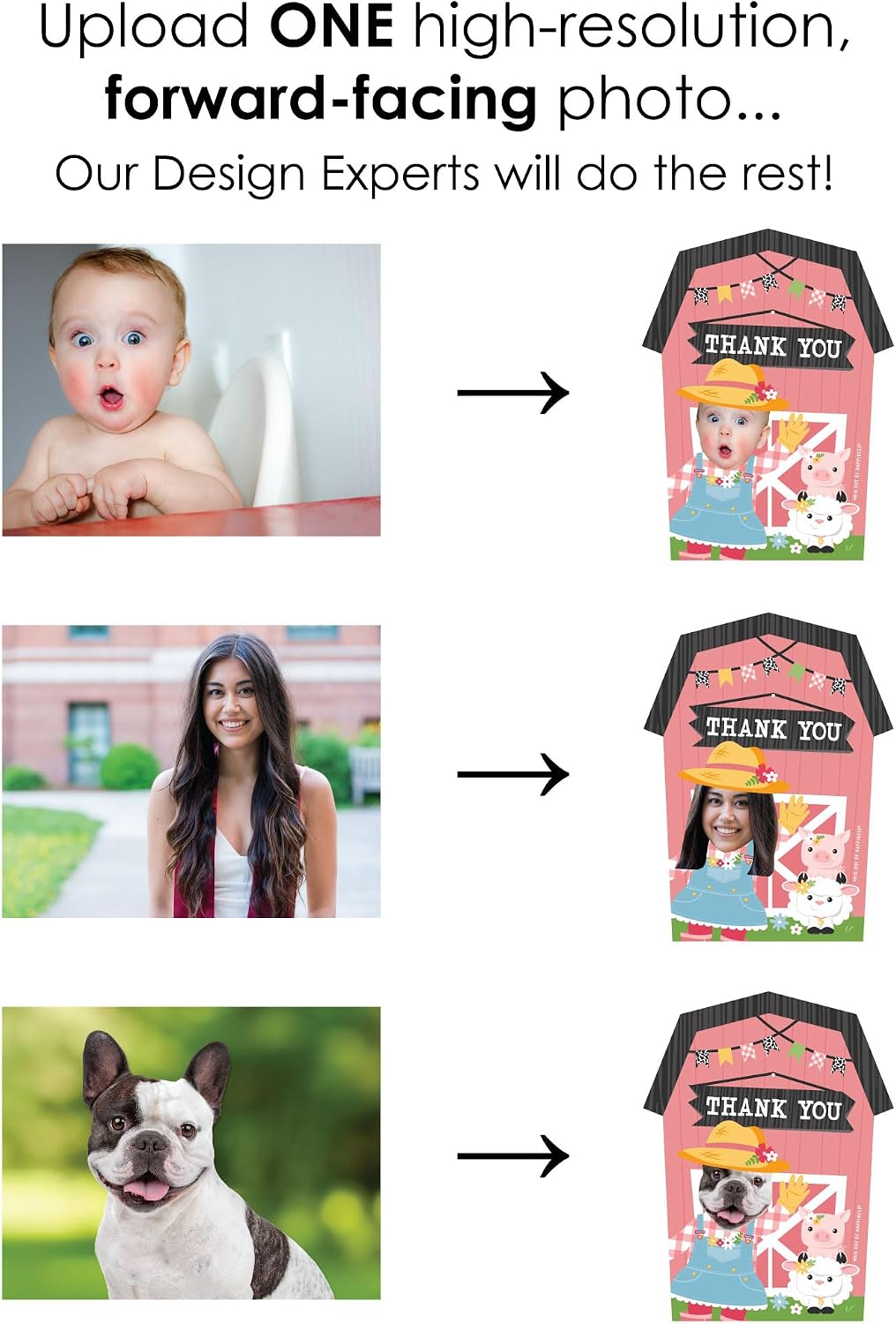 Big Dot of Happiness Custom Photo Girl Farm Animals - Fun Face Shaped Thank You Cards with Envelopes - Set of 12