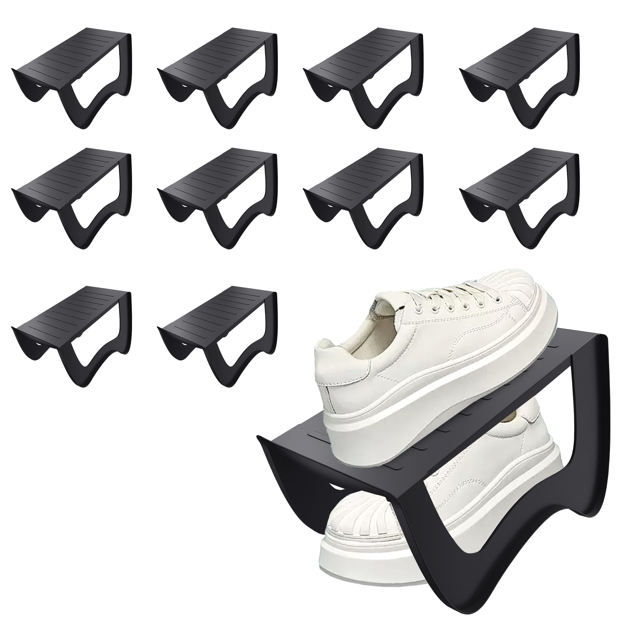 UISEBRT Doppelschicht Schuhstapler,PP Anti-rutsch Schuh Organizer Stapelbar,Schuhhalter platzsparend für Eingangsbereich, Flur, SchlafzimmerStück,10 Stück Schwarz