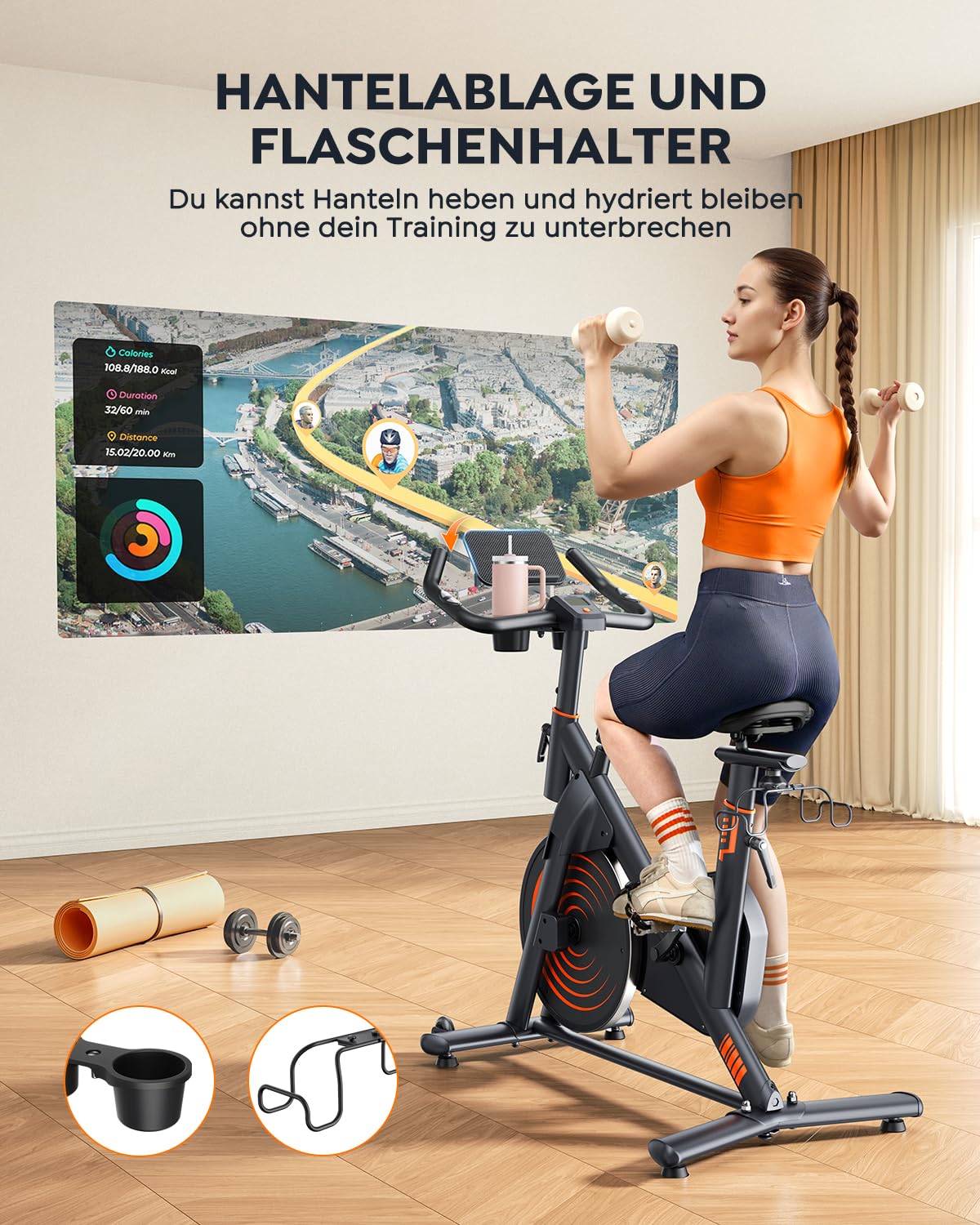 Hometrainer Fahrrad mit App, Ultraleise Heimtrainer Fahrrad, Ergonomisches Design, LCD Display mit Pulsmessung, Magnetischer Widerstand, 15KG Schwungrad, Bis 160KG
