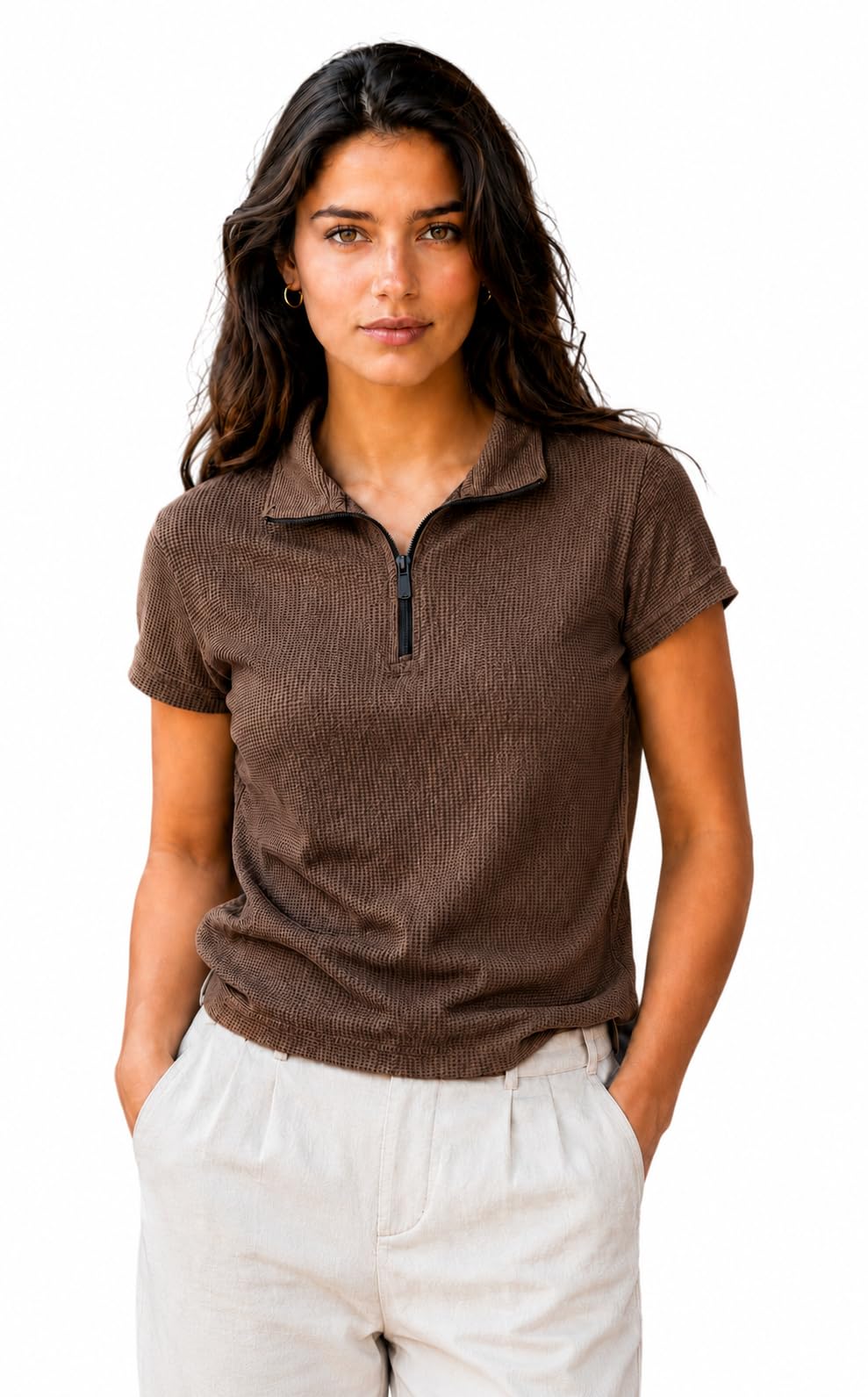 URBE Women's Waffle Knit Polo T-Shirt | Half Zip Collar | Soft PC Sinker Fabric | Regular Fit | Casual Everyday Wear-picture-18