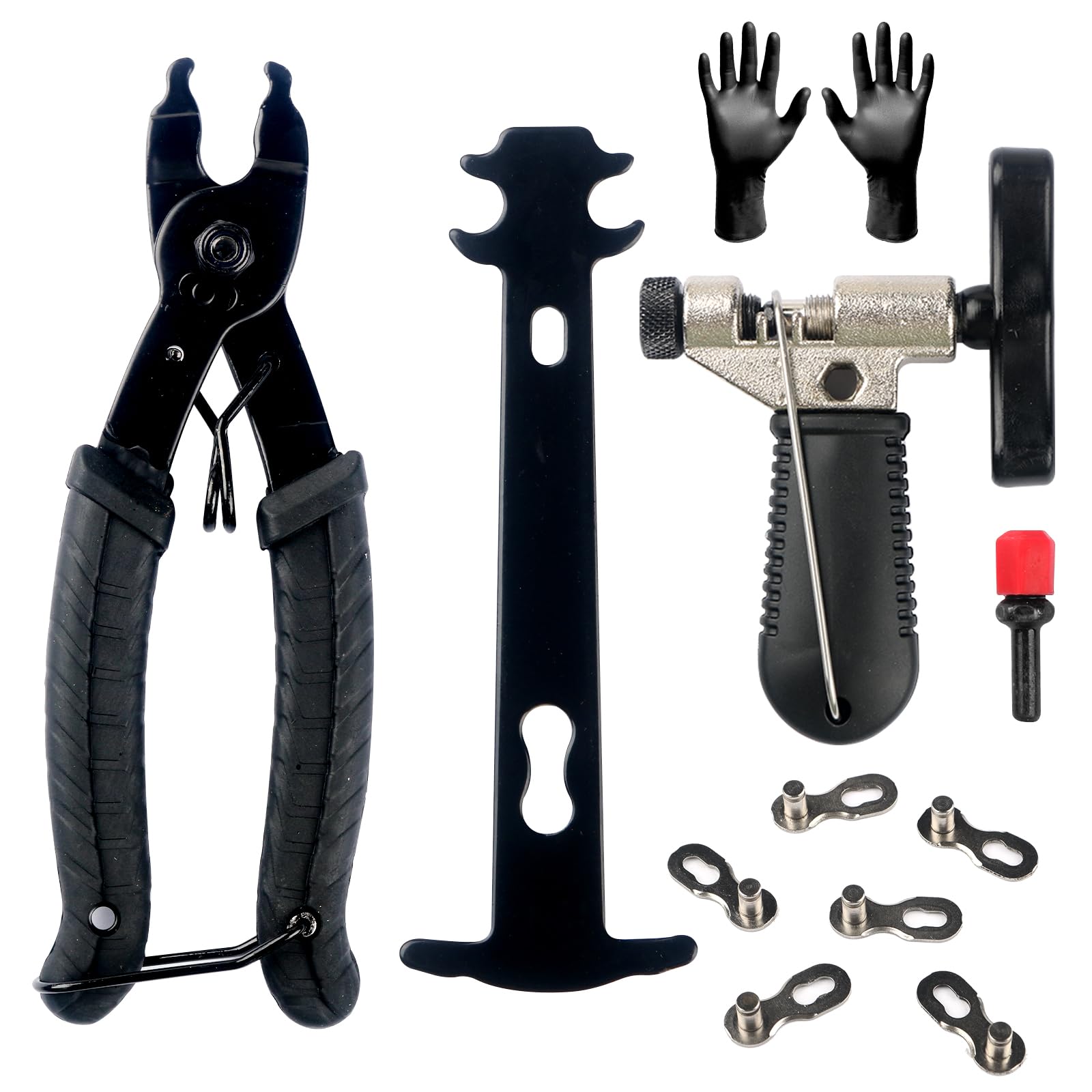 3Pcs Universal Bicycle Chain Tool Set, Portable Chain Master Link Plier Remover, Practical Chain Breaker Splitter with Gloves, Chain Wear Indicator with 3 Pairs Backup Missing Link for MTB 6-10 Speed