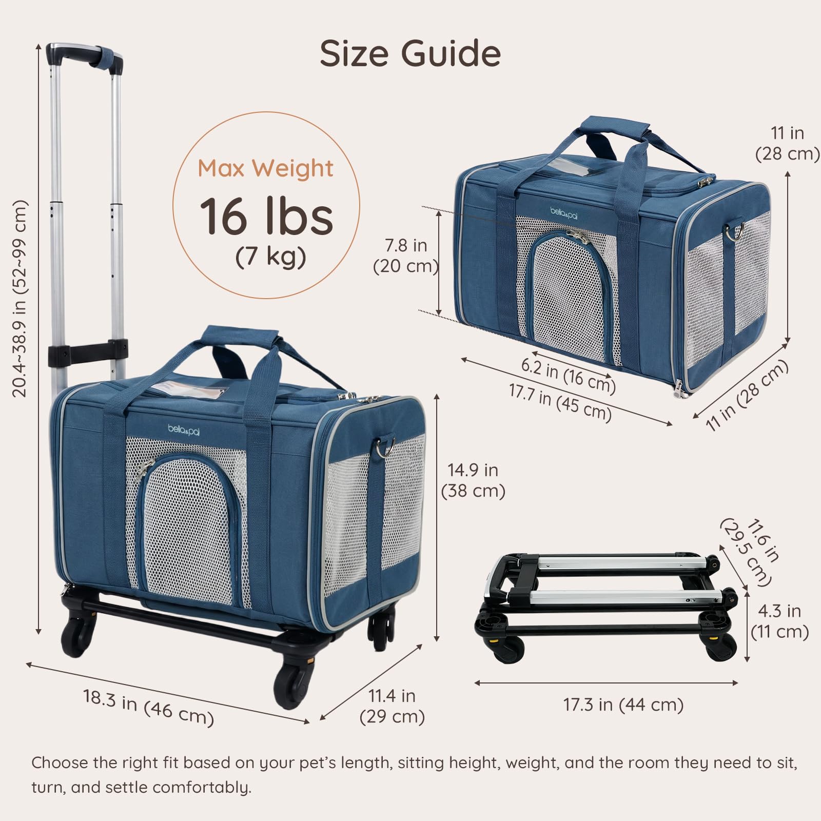 BELLA & PAL Sac de Transport Chat avec roulettes 45x28x28 cm | Trolley pour Chat & Petit Chien | Sac Pliable Homologué Avion avec Chariot Amovible, Fermetures Auto-Bloquantes & 3 Accès