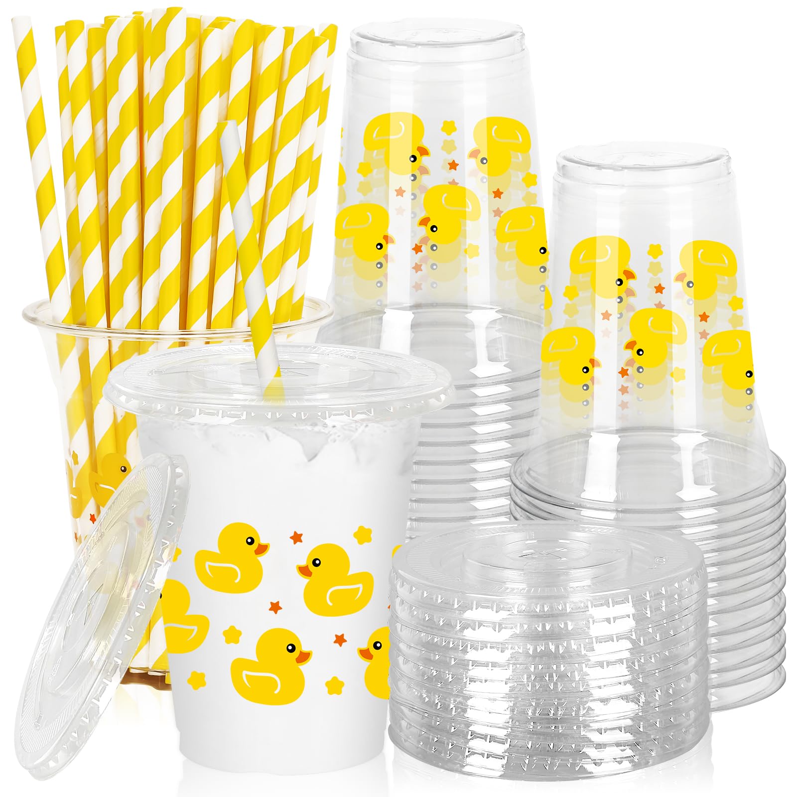 JarThenaAMCS 50Pcs Summer Rubber Duck Plastic Cups with Lids and Straws Cute Duck Clear Plastic Cups 12oz Yellow Disposable Cup for Birthday Baby