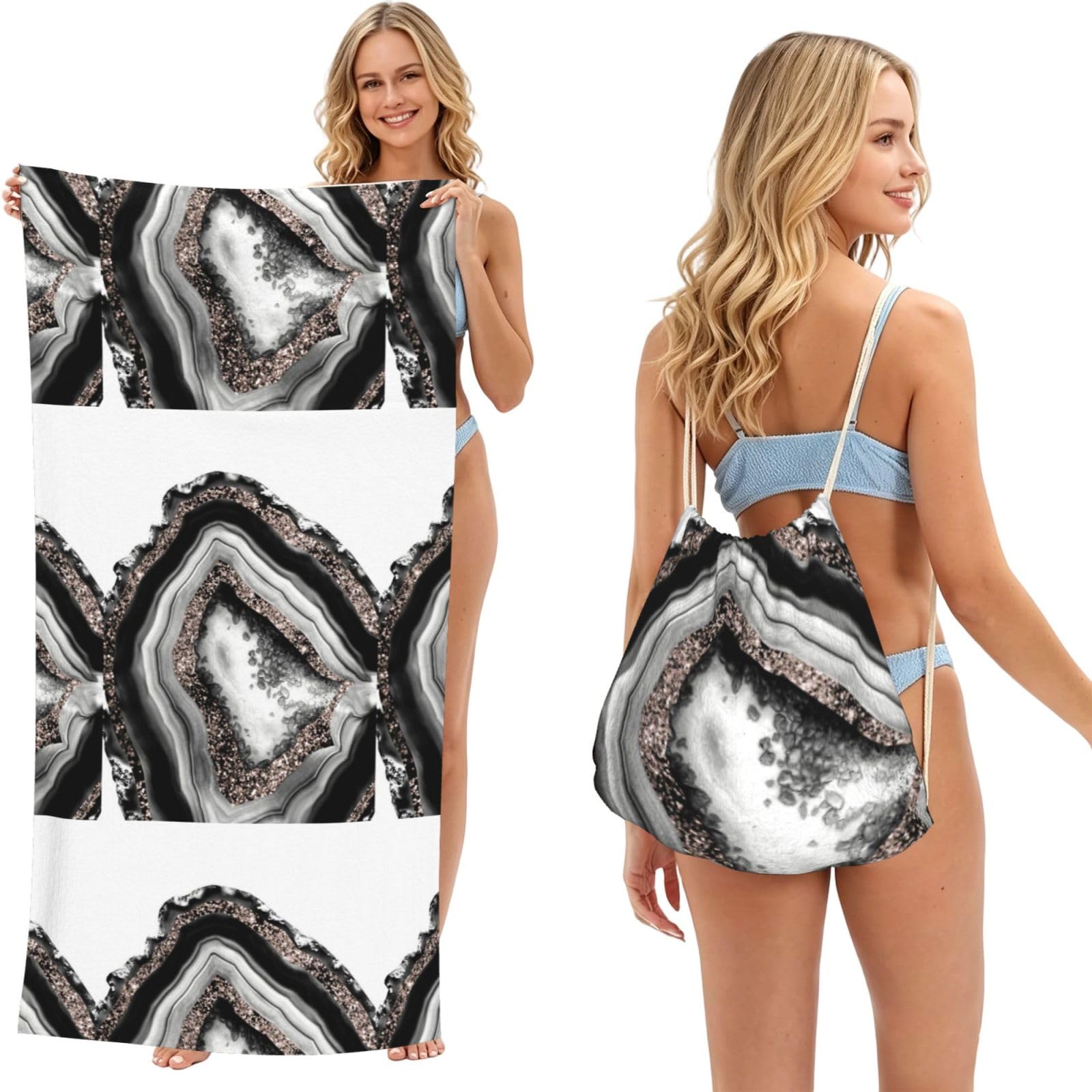 Poadnly As Picture Agate Rose Gold Glitter Glam Gem Decor Art, 2 In 1 Packable Towel Bag, Beach Towels With Drawstring Backpack For Travel Holiday Camping