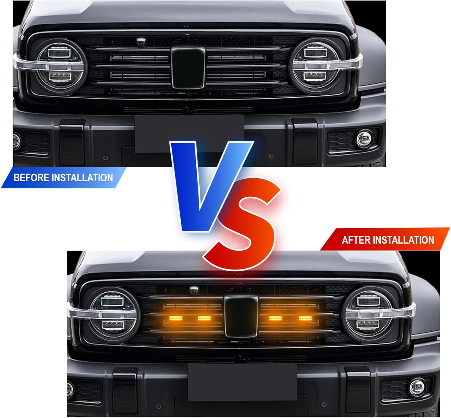 4PCS universal clip on car LED amber front grille light, with wiring harness and fuse, upgraded buckle grille light (yellow)