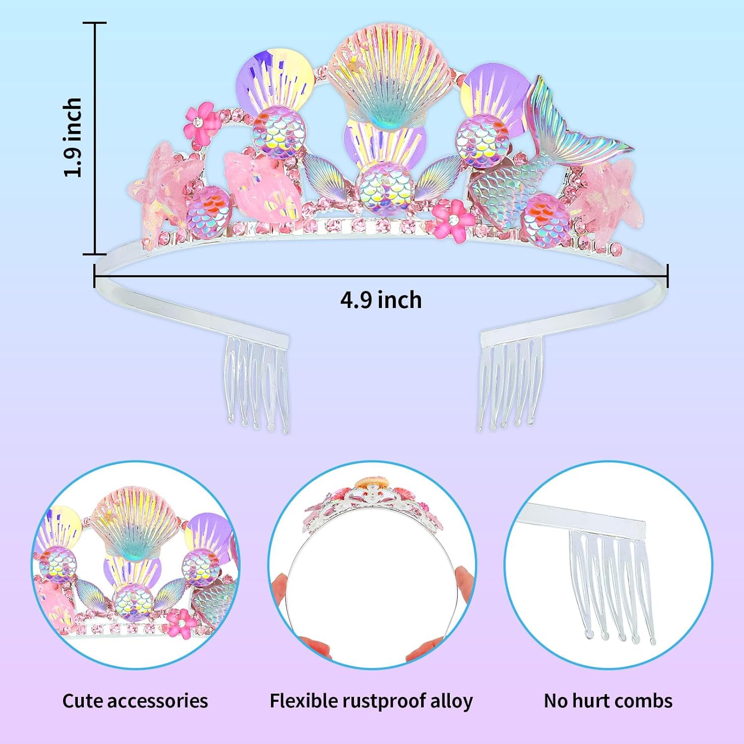 Wecoe Pink Mermaid Crown Birthday Fairy Crown Tiara Mermaid Party Decoration Birthday Party Favor Party Supplies Accessories Gift