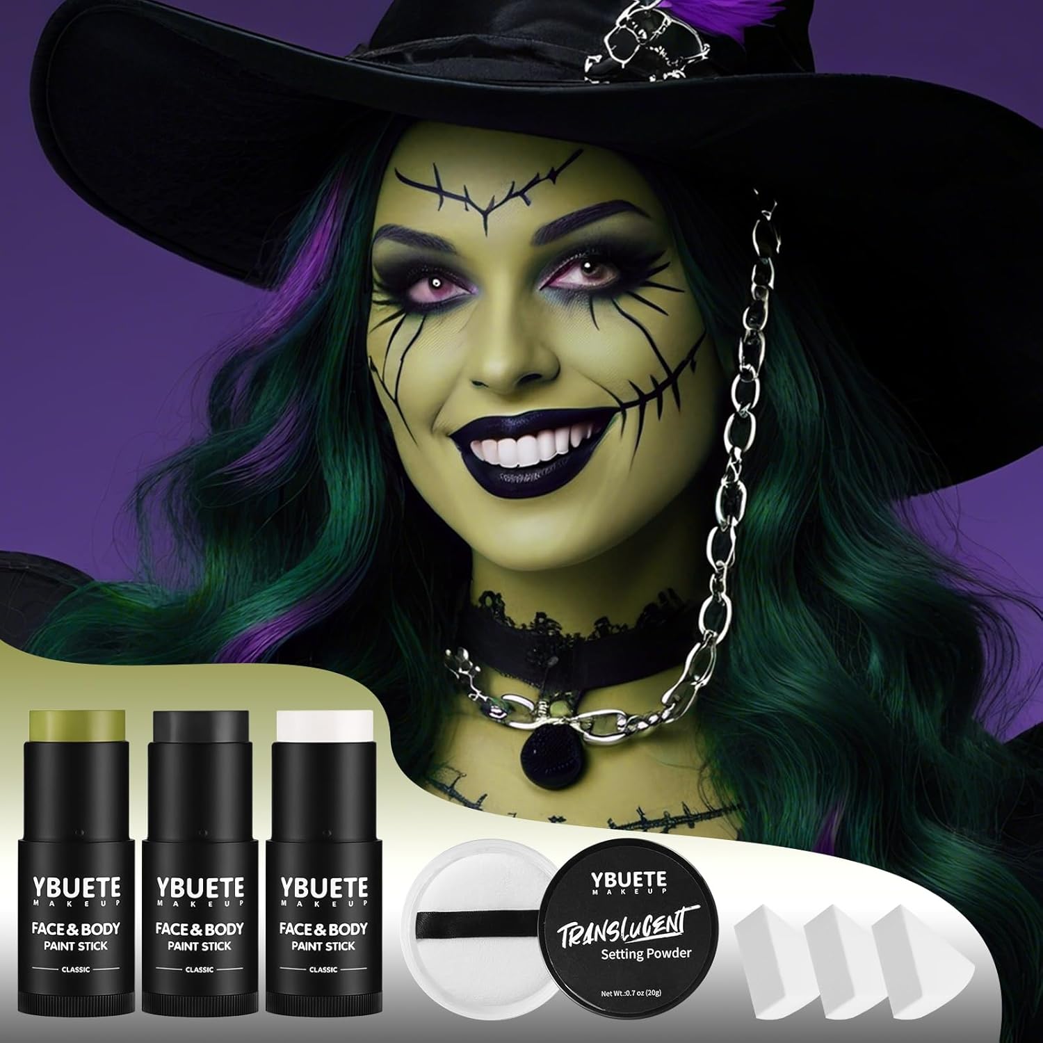 Black White Ogre Green Face Body Paint Stick Set with Translucent Setting Powder and Sponges, Professional Full Coverage Face Painting for Adults Halloween Cosplay SFX Skull Witch Hulk Makeup - Image 3