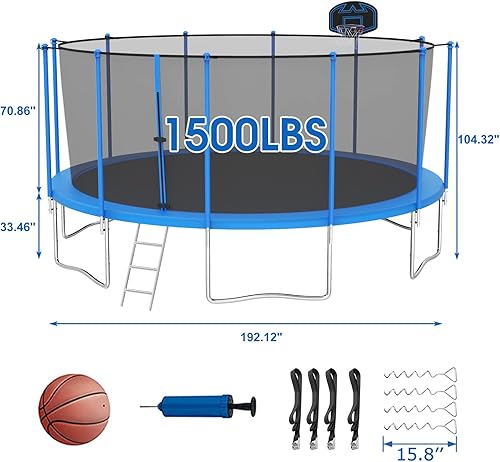 Miniatura 2 de SKYUP Tranpoline - Tranpoline de 1500 libras, 16, 15, 14 y 12 pies para niños y adultos, resistente al viento con red de cierre, aro de baloncesto,