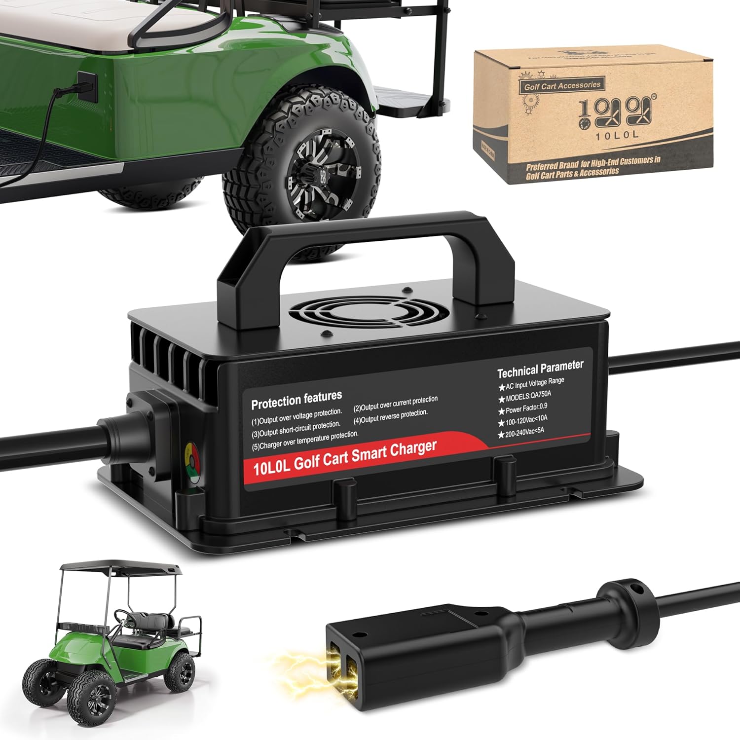 10L0L Golf Cart Battery Charger for EZGO TXT (18A 36V) & RXV (15A 48V) with D Style Plug, IP68, Smart Technology Golf Cart Battery Charger for Lead Acid Batteries, Trickle Charge (TXT (Black))