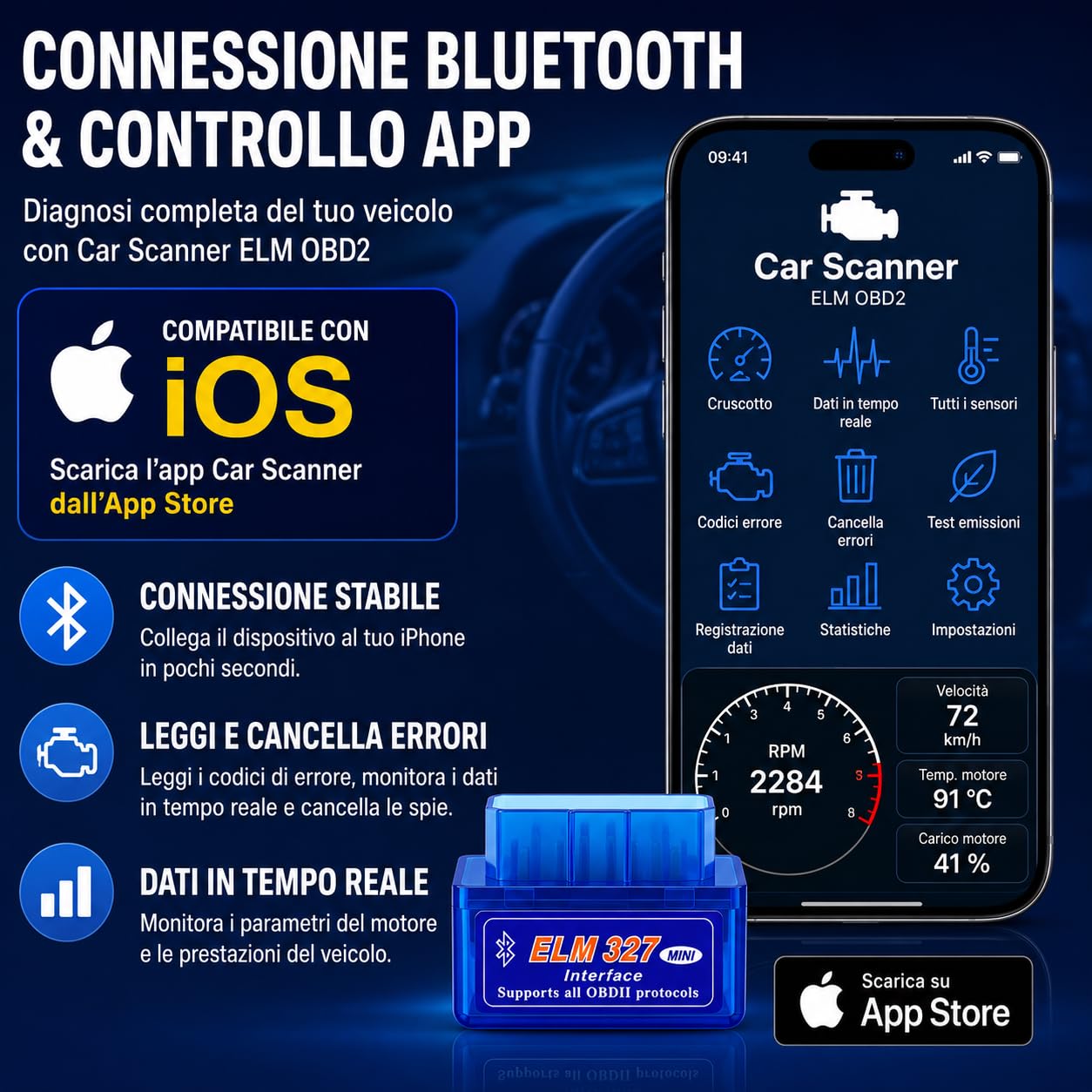 Mini ELM327 Diagnostica Auto Bluetooth 2.0 - Facile Connessione Smartphone, Supporto OBD2, Compatibile con Veicoli a Benzina dal 1996. Test Diagnostico Efficace e Veloce compatibile IOS Android