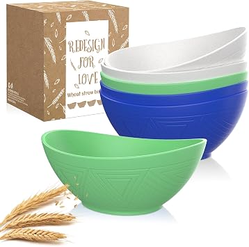 PYRMONT Soup Set of 6 - 26 OZ Plastic Reusable Wheat Straw Bowls - Unbreakable Kids Dishwasher Safe for Kitchen - Serving Oatmeal, Cereal, Soup - Coastal