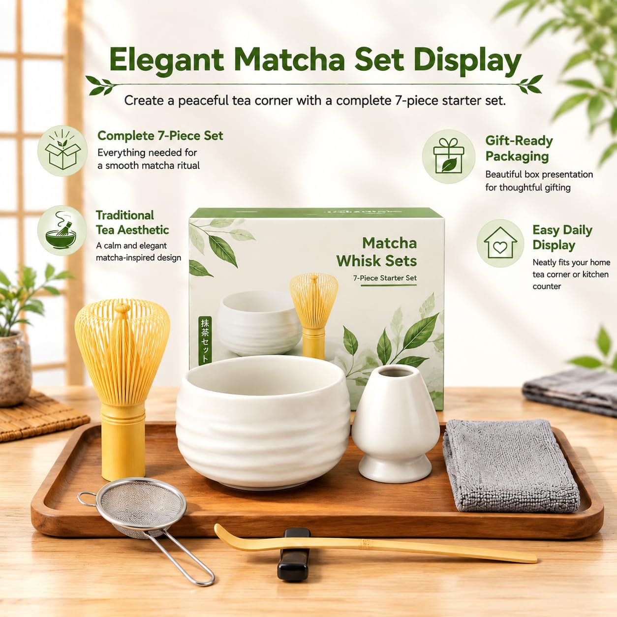 Kit complet pour matcha 7 pièces avec fouet et bol en bambou, tamis, cuillère, support pour fouet et accessoires à thé (blanc)