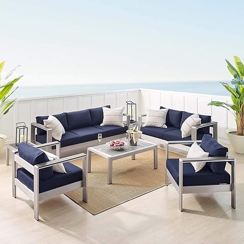 Modway Shore Aluminum Sunbrella® Fabric 7-Piece Outdoor Patio Set in Silver Navy