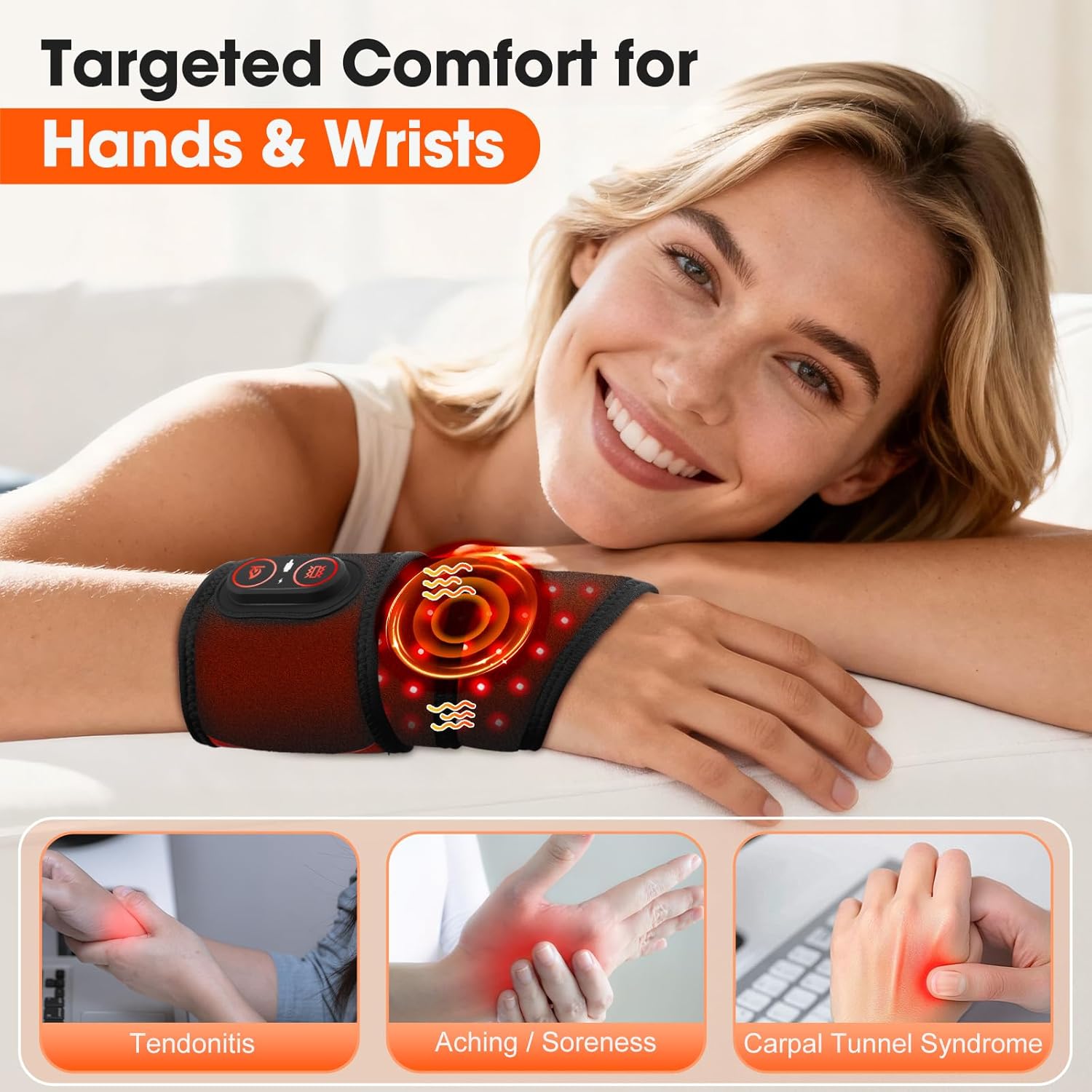 Cordless Wrist Hand Heating Pad Massage for Carpal Tunnel, with Red Light, Hand Arthritis, Wrist Pain Relief, Heat Wrap Pad with 3000mAh Battery, Wrist Massager Vibration and Adjustable Heat Settings