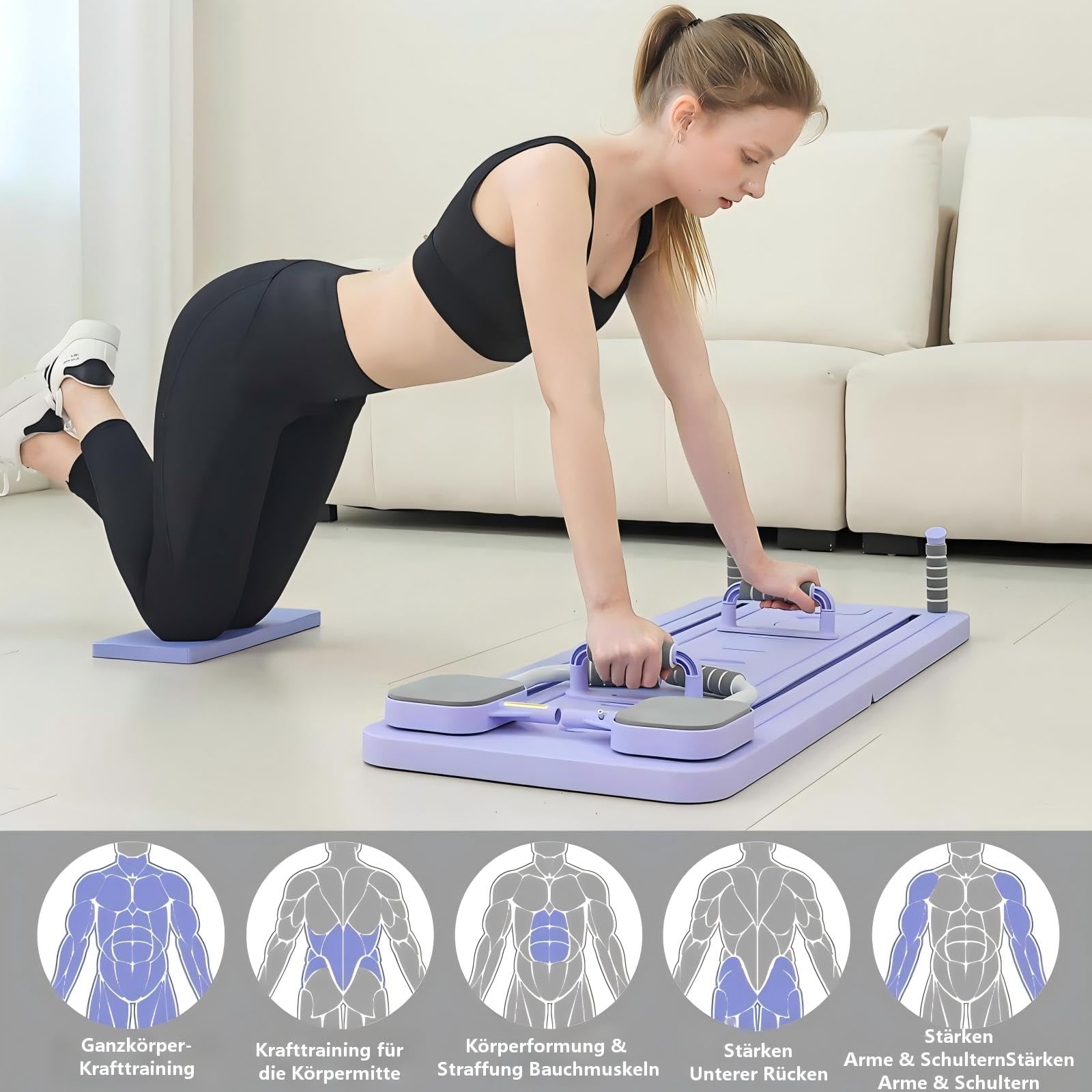 Pilates Board,Upgraded Multifunctional Faltbarer Pilates Reformer,Automatisches Rebound Bauchmuskeltrainer Mit Widerstandsband,Exercise Board for Home Exercises,Lila