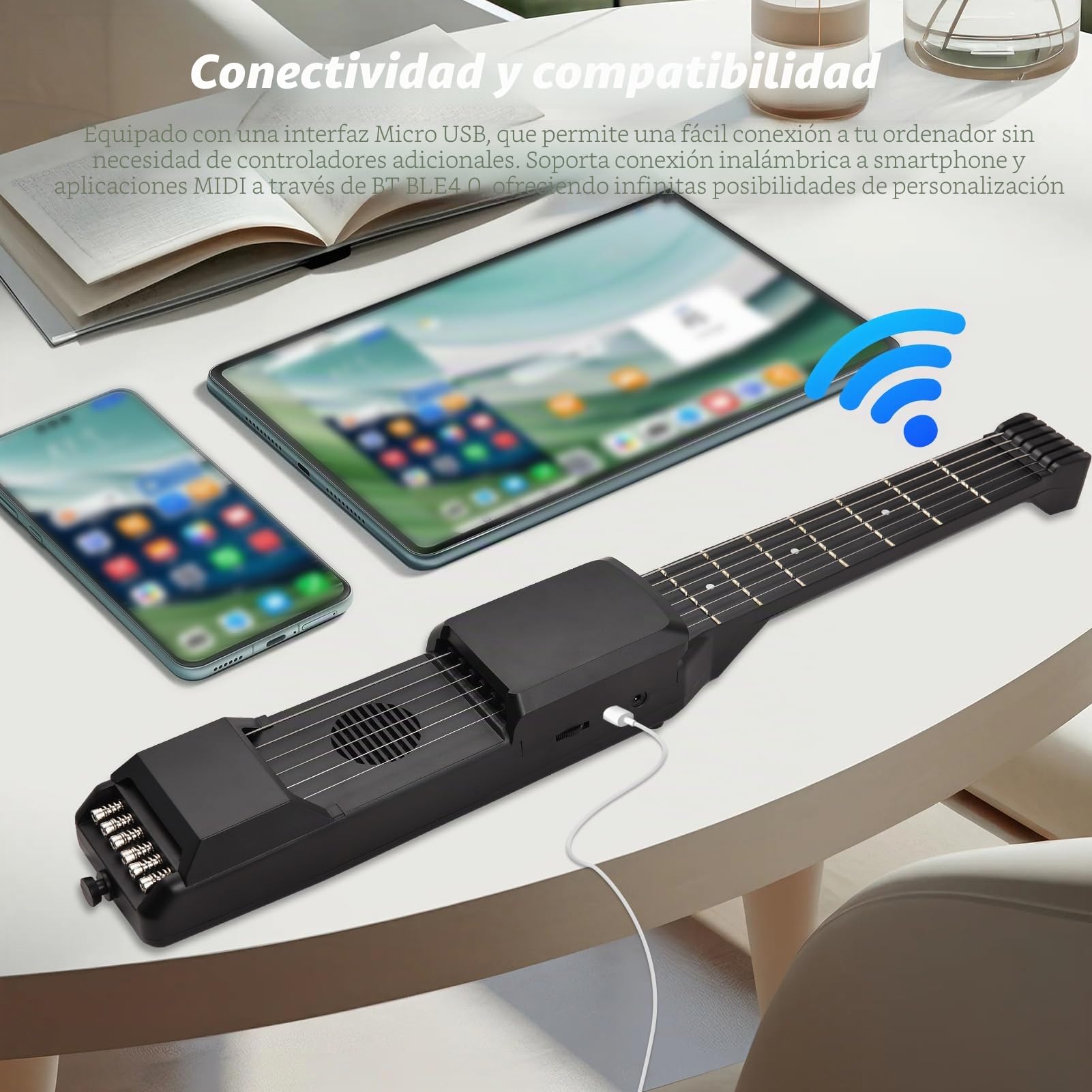Guitarra Inteligente de 7 Trastes, Guitarra Eléctrica Acústica de Viaje Portátil con Sintonizador Digital Metrónomo Pantalla LCD AI, para Principiantes Práctica Profesional
