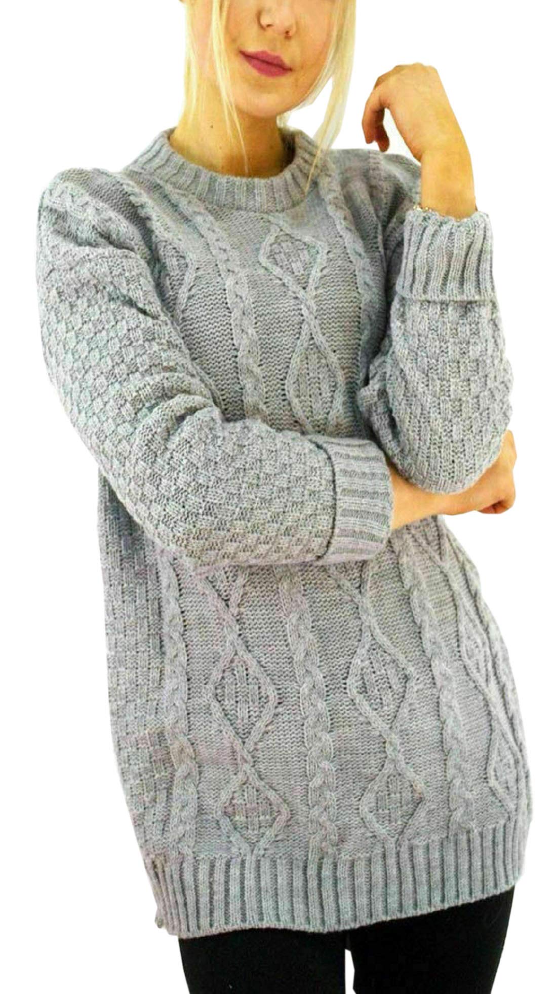 Metluq M0d4 Women's Grey New Long Sleeve Chunky Cable Knitted Jumper Crew Neck Winter Sweater Top (, Uk 12-14)