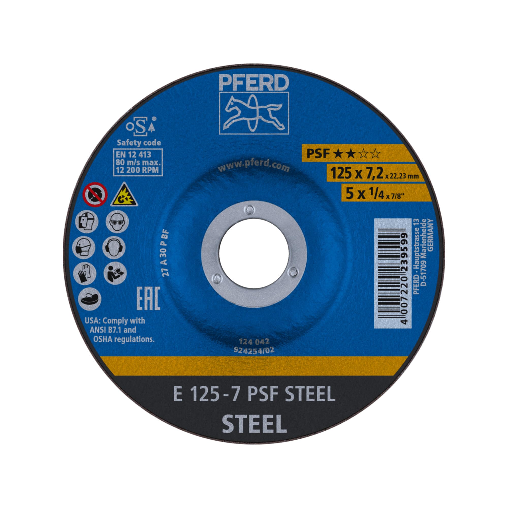 PFERD Grinding Disc, Pack of 5, 125 x 7.2 x 22.23 mm, Offset, PSF Steel, 69298071 for Steel