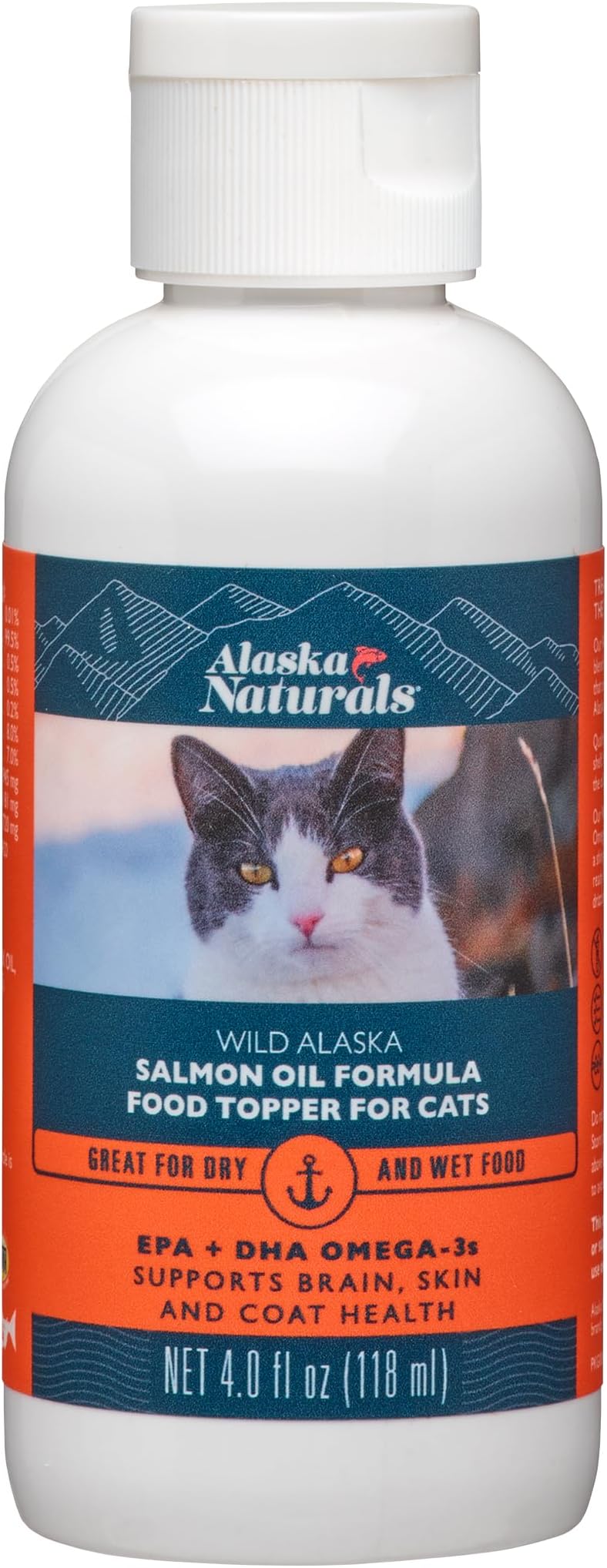 Alaska Naturals โ Wild Alaska Salmon Oil Formula Cat Food Topper โ EPA and DHA Omega-3 - Supplement for Cats Healthy Skin, Shiny Coat โ Made in The USA โ 4 oz Bottle