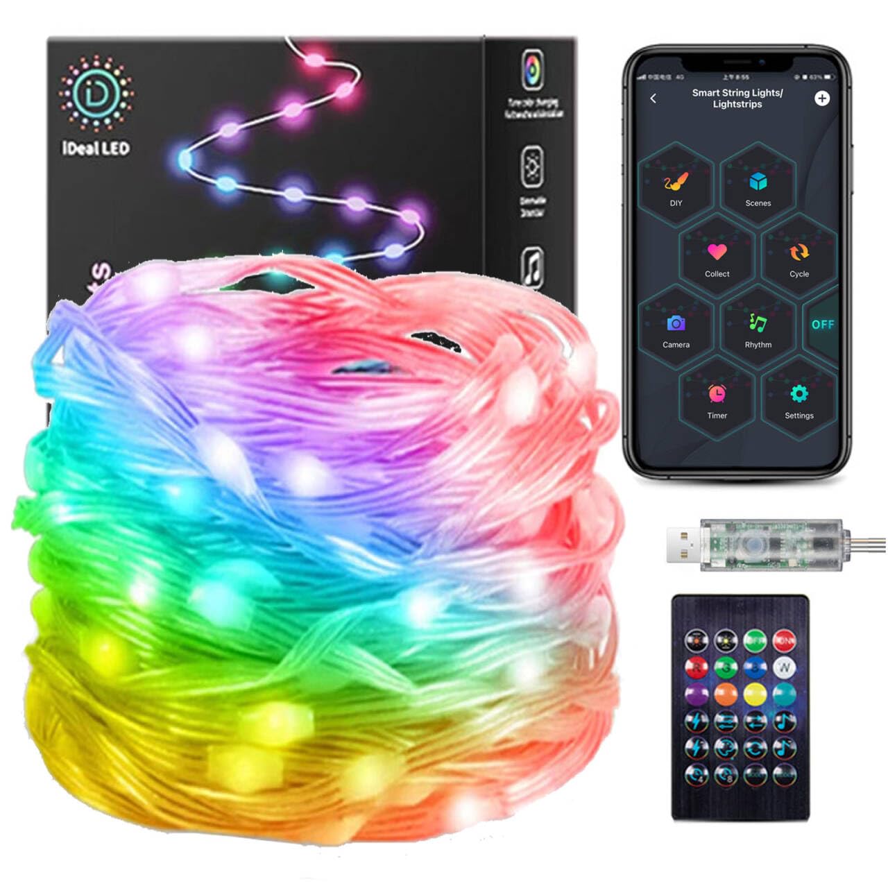 DaKango 66 ft 200 LEDs Colour Changing String Lights Music Sync and USB App Control DIY Waterproof Smart String Lights for Party Bedroom