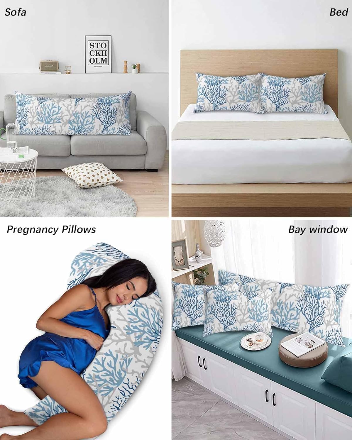 Navy Blue Coral Coastal Queen Pillow Cases Set of 2, Soft Breathable Pillow Covers with Envelope Closure Decorative Pillow Shams for Bed Sofa Couch Chair 2PCS 20"x30" Ombre Grey Summer Ocean Life