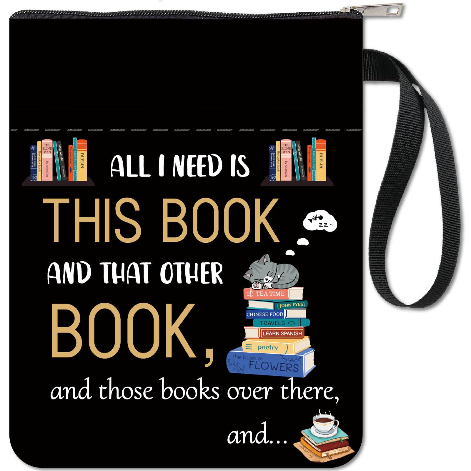 CRASPIRE Book Sleeve Cat Book Protector Words Black Book Covers for Paperbacks Washable Fabric Cloth Book Cover with Zipper and Extra Sleeve Pocket for Book Lovers Classmate Friend Gifts — image 1