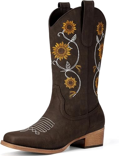 Brown Cowboy Boots for Women - Mid Calf Western Sunflower Cowgirl Boots with Floral Embroidery, Square Toe Stitched Pull On Retro Design, Perfect for Country Idyll, Concerts and More Size 8