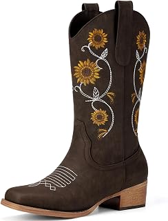 Cowboy Boots for Women - Mid Calf Western Sunflower Cowgirl Boots with Floral Embroidery, Square Toe Stitched Pull On Retro Design, Perfect for Country Idyll, Concerts and More Global Recycled Standard Global Recycled Standard Global Recycled Standard
