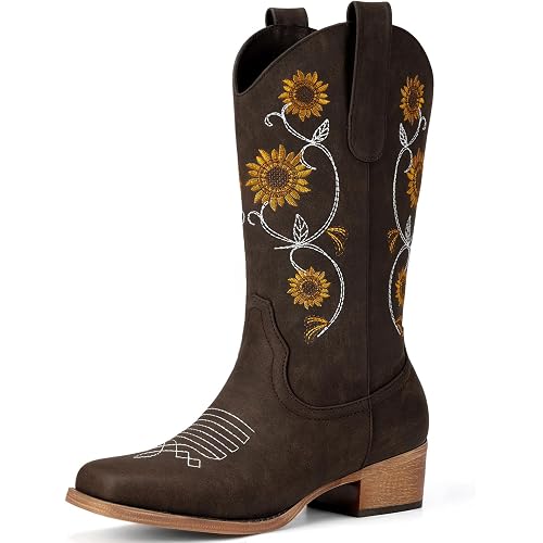 Cowboy Boots for Women - Mid Calf Western Sunflower Cowgirl Boots with Floral Embroidery, Square Toe Stitched Pull On Retro Design, Perfect for Country Idyll, Concerts and More