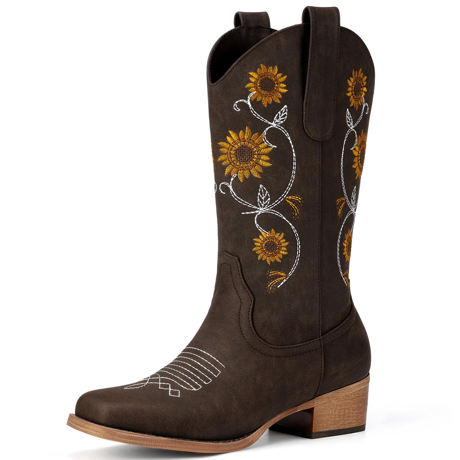Cowboy Boots for Women - Mid Calf Western Sunflower Cowgirl Boots with Floral Embroidery, Square Toe Stitched Pull On Retro Design, Perfect for Country Idyll, Concerts and More