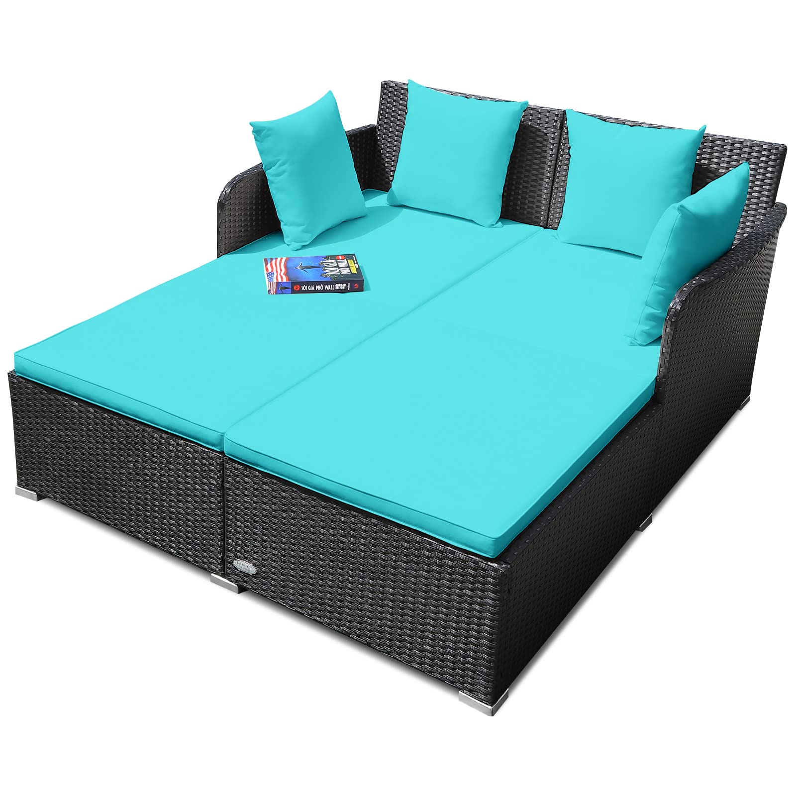 Salches, Outdoor Rattan Daybed, Patio Loveseat Sofa Set w/Comfortable Cushions, Extra Pillows & Metal Foot, Sunbed Wicker Furniture for Yard/Poolside/Living Room/Garden/Porch, Turquoise