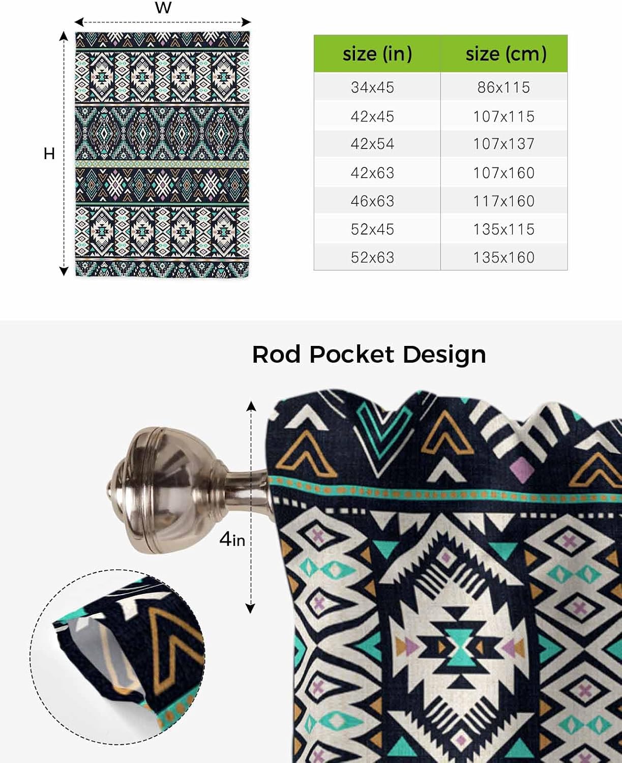Tie Up Curtain for Windows Aztec Folk Art Balloon Window Shades for Bedroom Bathroom Adjustable Rod Pocket Green Ethnic Tribe Style Window Treatments Curtains Valance for Kitchen 52" W x 63" L