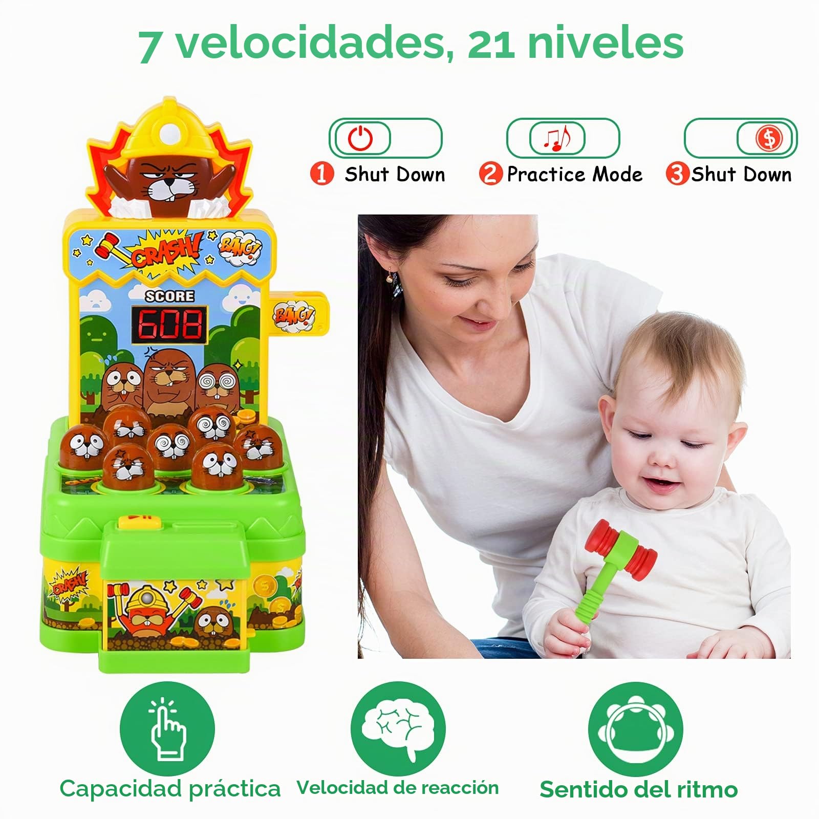 Ulikey Juguete de Martillo, Golpea Topo Juego con 2 Martillos+12 Monedas, Mini Juego Arcade Electrónico, Juguetes Montessori Juego Interactivo de Golpear para Niños de 3 a 6 Años