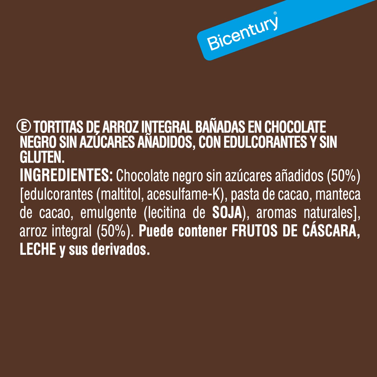 Bicentury - Tortita de arroz integral con chocolate negro sin azúcars añadidos (14 unidades)