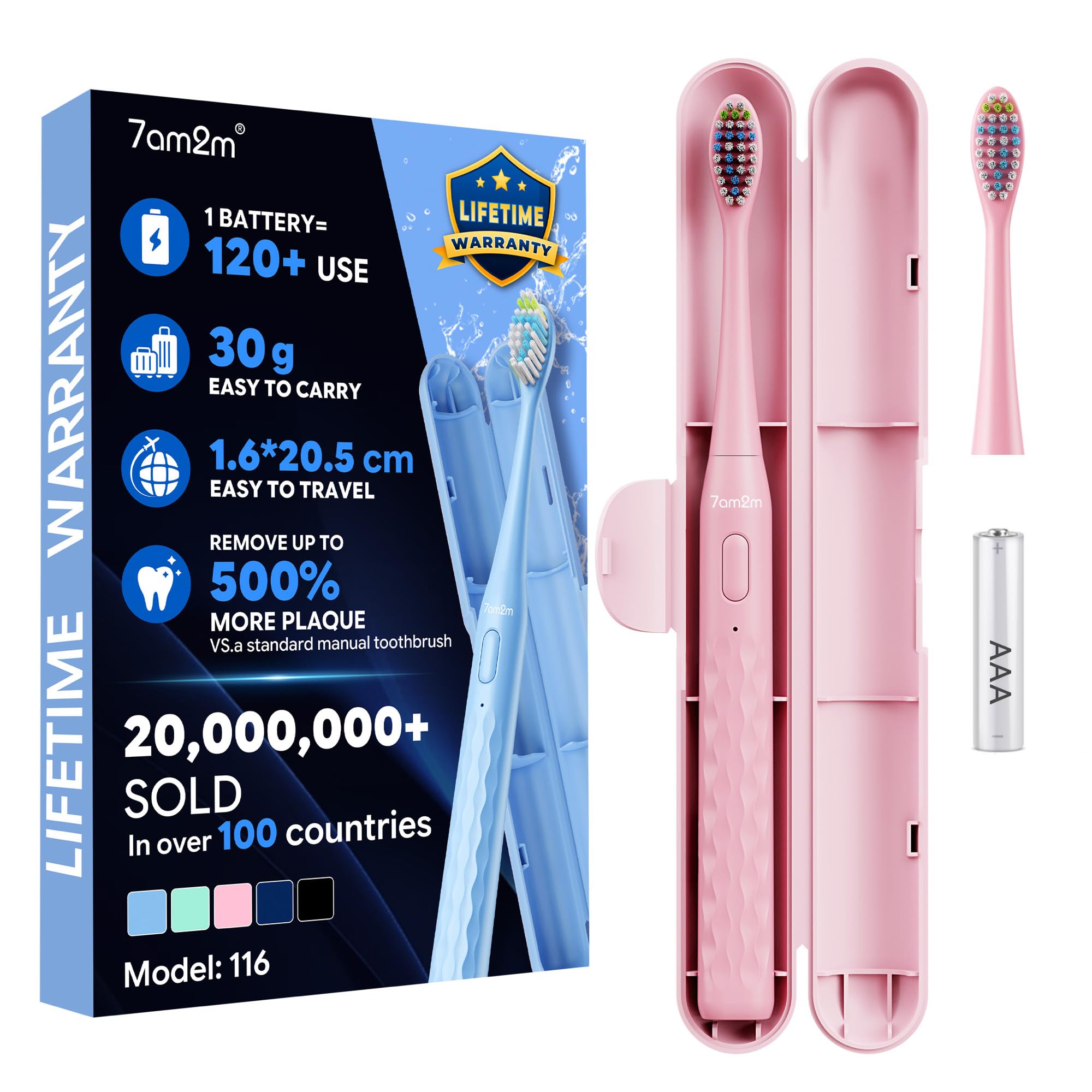 7AM2M Sonic Travel Electric Toothbrush for Adults &amp; Kids, Travel Case&amp;2 Brush Heads, Battery Powered Sonic Toothbrush, Compact Design for Daily/Travel Use-Pink
