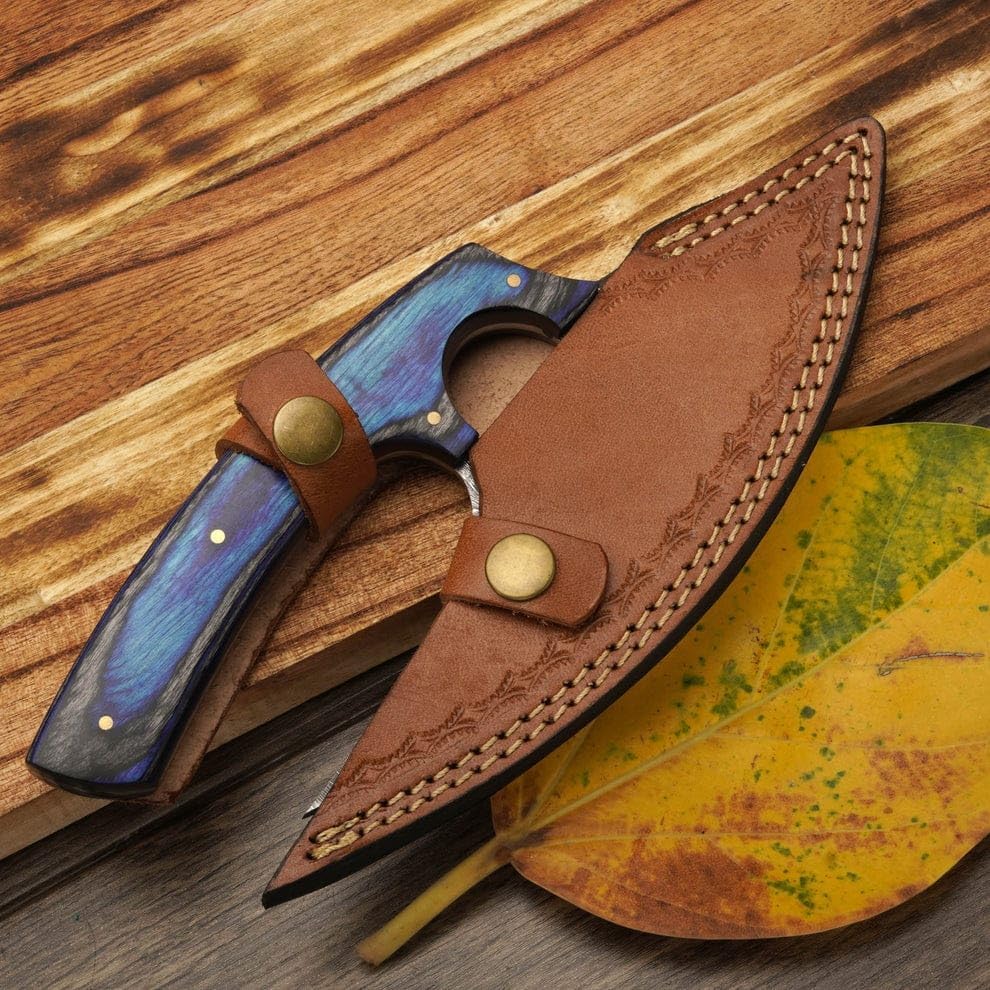 Damascus Steel Ulu Knife with Leather Sheath - Handmade Pizza Cutter with Non-Slip Pakka Wooden Handle - Alaska Ulu Knife Used For Multi-Purpose in Kitchen & Outdoor - Best Gift for your Loved One (Blue Pakka Wood)