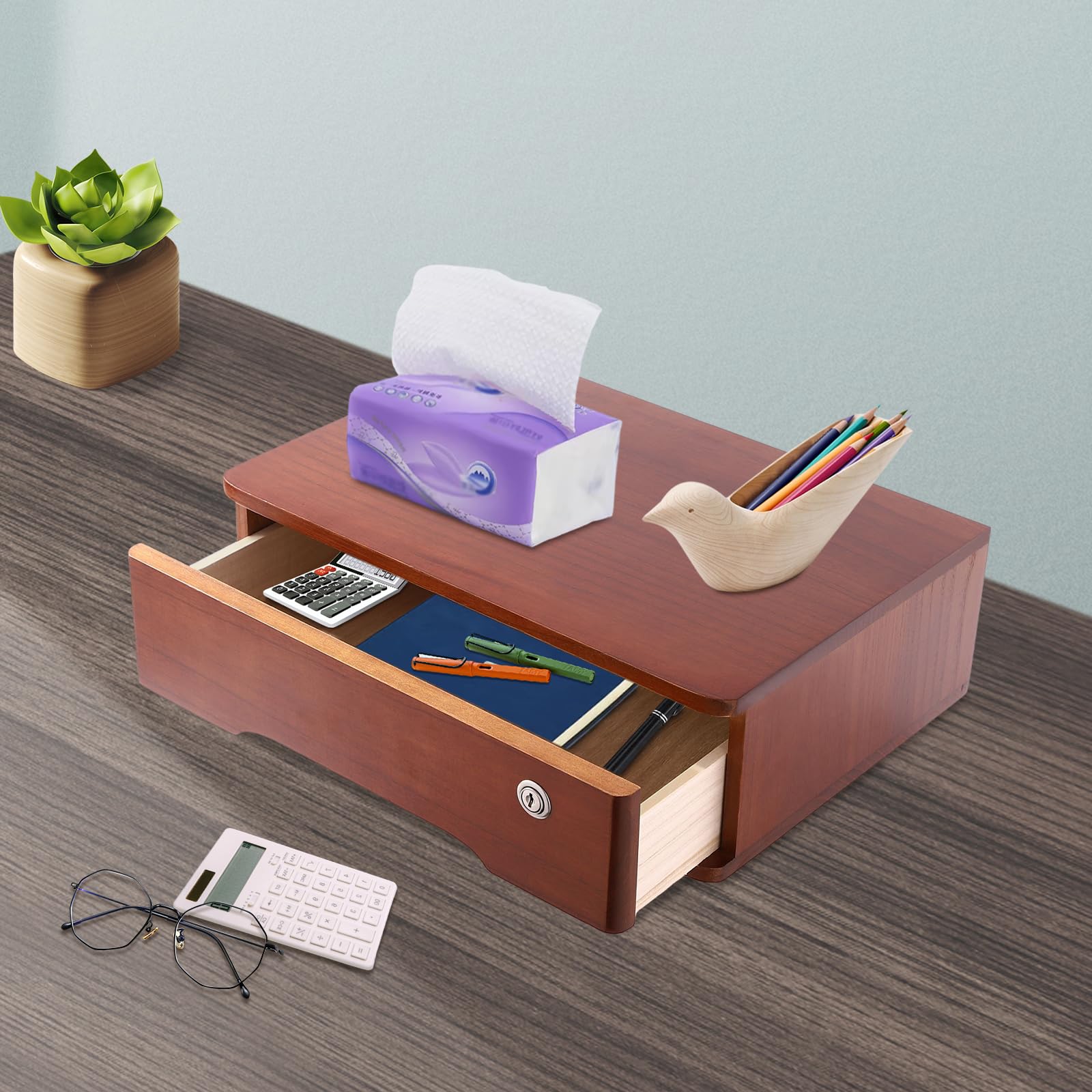 Organizer da scrivania in legno con cassetto chiudibile a chiave, per ufficio, cassetti, capacità per cancelleria, motivo ciliegia, 40 x 28 x 12 cm (colore noce)