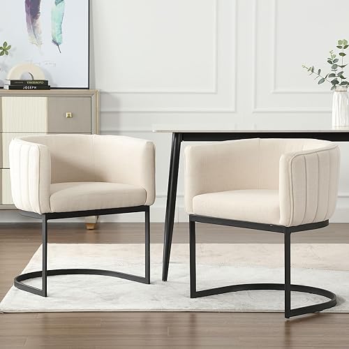 Juego de 2 sillas de comedor modernas de tela de lino, cómodas sillas de cocina y comedor con brazos, sillas tapizadas, marco de metal, sillas