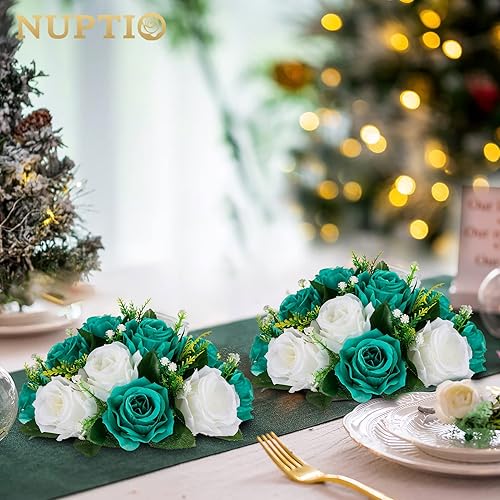 Miniatura 4 de NUPTIO Centros de mesa de boda de flores  6 piezas de 9.5 pulgadas de diámetro verde azulado y blanco flores artificiales para centros de mesa,