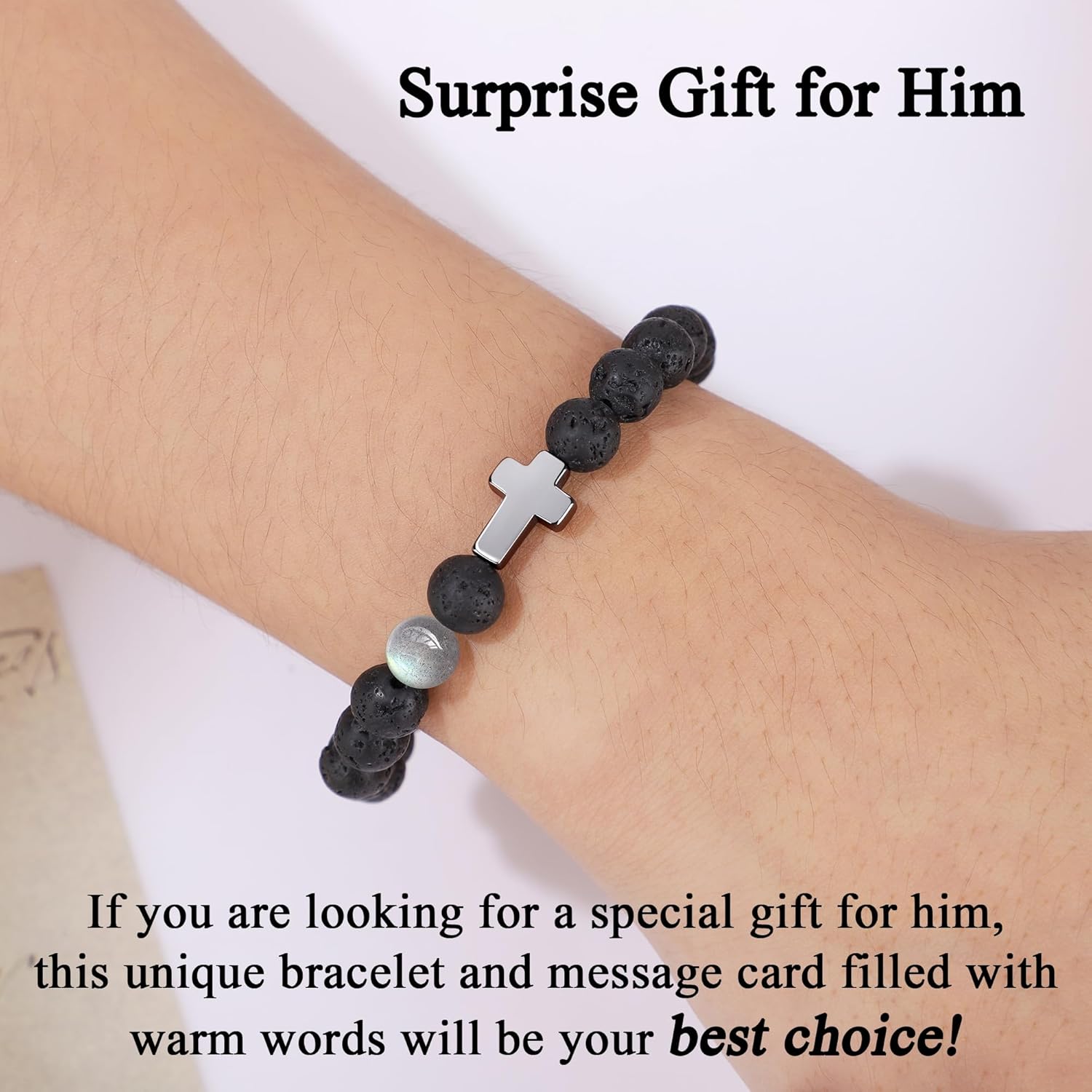 𝗖𝗵𝗿𝗶𝘀𝘁𝗶𝗮𝗻 𝗚𝗶𝗳𝘁𝘀 𝗳𝗼𝗿 𝗠𝗲𝗻 𝗠𝗼𝗼𝗻𝘀𝘁𝗼𝗻𝗲 𝗖𝗿𝗼𝘀𝘀 𝗕𝗿𝗮𝗰𝗲𝗹𝗲𝘁𝘀, Valentines Day Birthday Anniversary Christmas Inspirational Gifts for Him Son Grandson Moonstone Volcanic Rock Cross Bracelets - Image 6