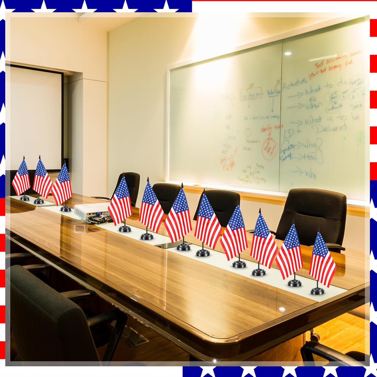 Hahafelt 24 Pcs American Desk Flag Set Small USA Flags for Table with 13" Black Pole, Black Base and Spear Top, American Flag for Home Office Party Festival Celebrations Decor