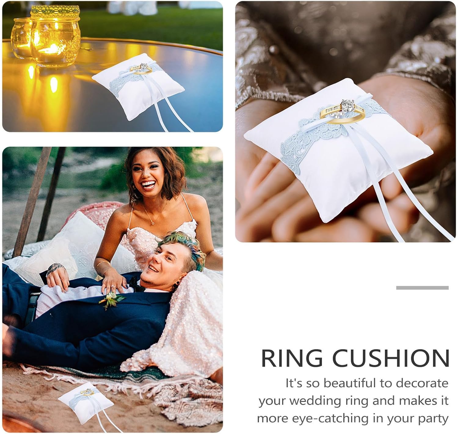 BESTOYARD Romantic Wedding Ring Pillow Bowknot Lace Ring Bearer Cushion with Graceful Design and Light Weight, for Engagement and Wedding Room Decoration