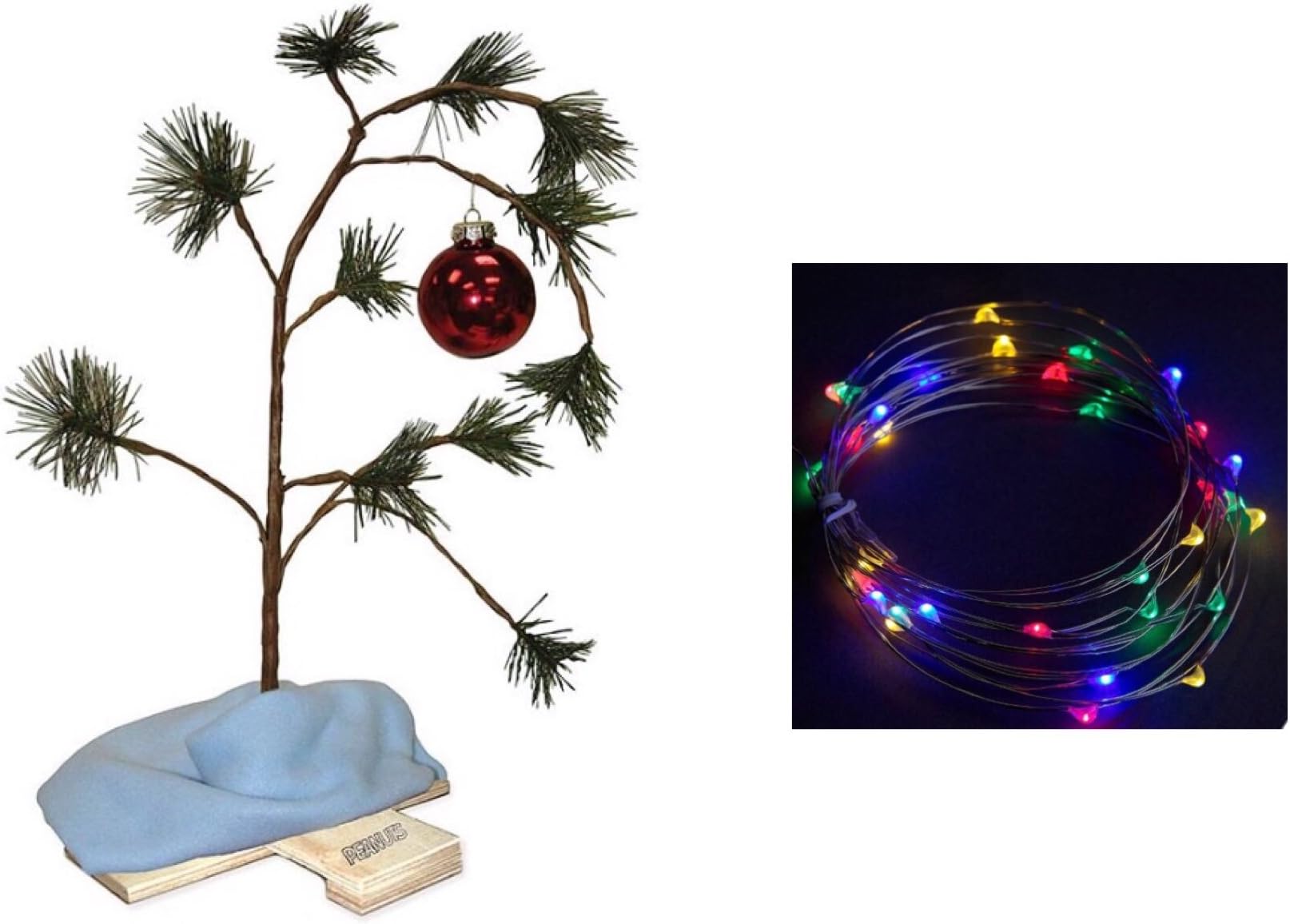 Charlie Brown Peanuts 18 Christmas Tree with Linus Blanket, Stand and 36 Multi Colored Battery Operated LED Christmas Lights with Timer Bundle