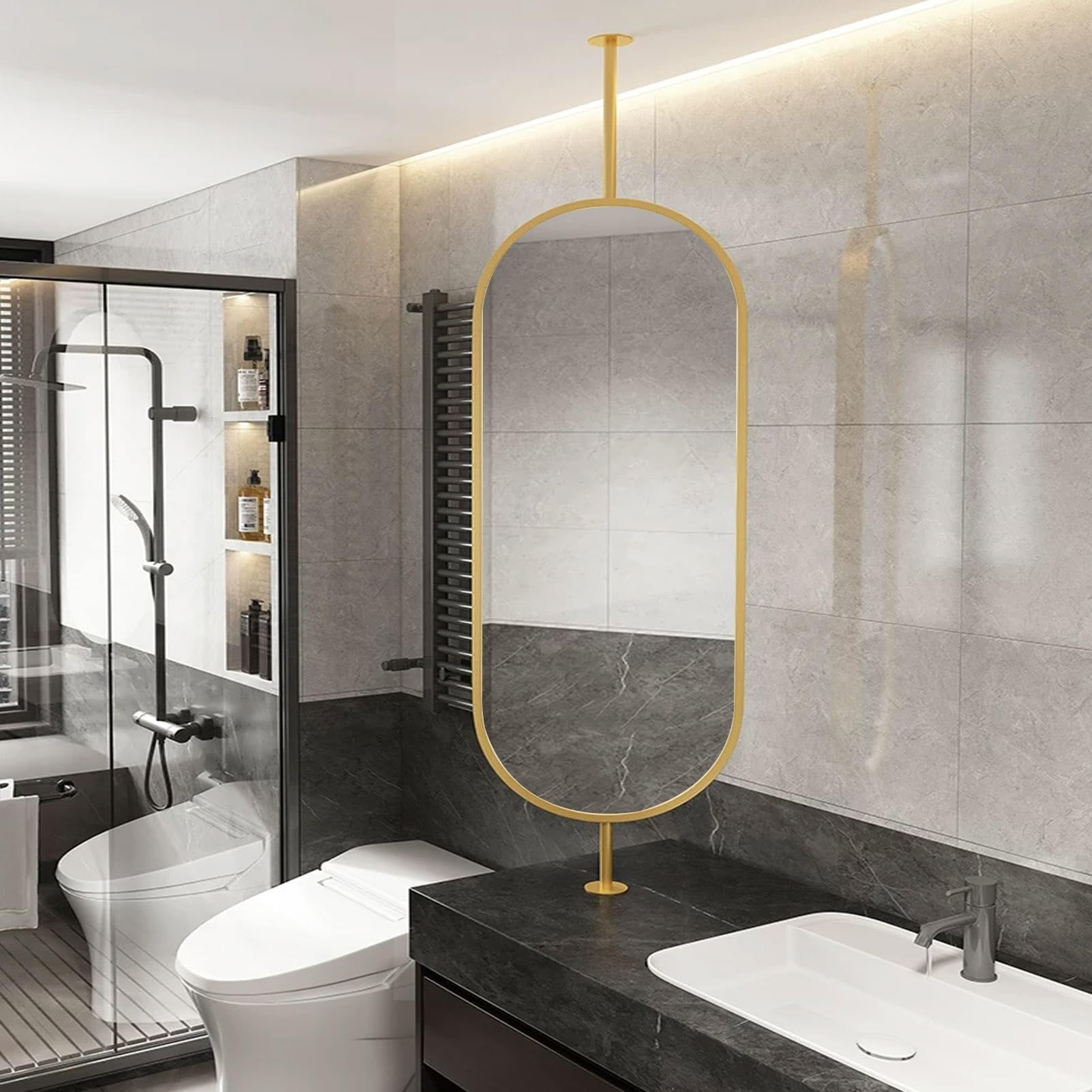 Gaommini Gold Oval Bathroom Mirror Ceiling Hanging Floating Mirror HD Wall Mirrors with Double Boom, Metal Framed Decorative Mirror for Home or Hotel Vanity Makeup(40cmx60cm)