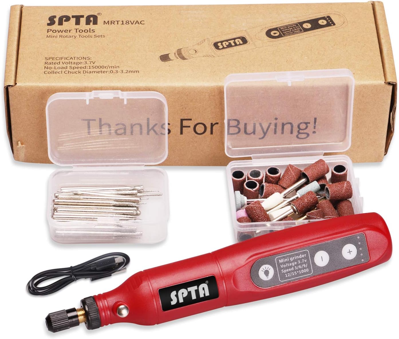 Cordless Rotary Tool, SPTA 3.7V Mini Power Rotary Tool Kit, 5 Speed USB Charging Rotary Tool Front LED Lights with 60Pcs Accessories Kit For Sanding, Drilling, Carving, Engraving, Polishing - - 