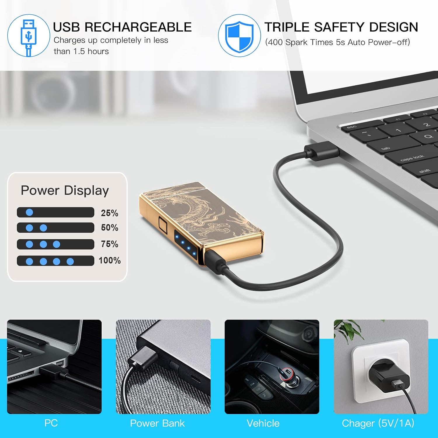 Electric Lighter, USB Rechargeable Plasma Arc Lighter, Windproof Flameless Lighter, Butane Free Mini Lighter for Indoor or Outdoor Activities. (Gold Dragon)