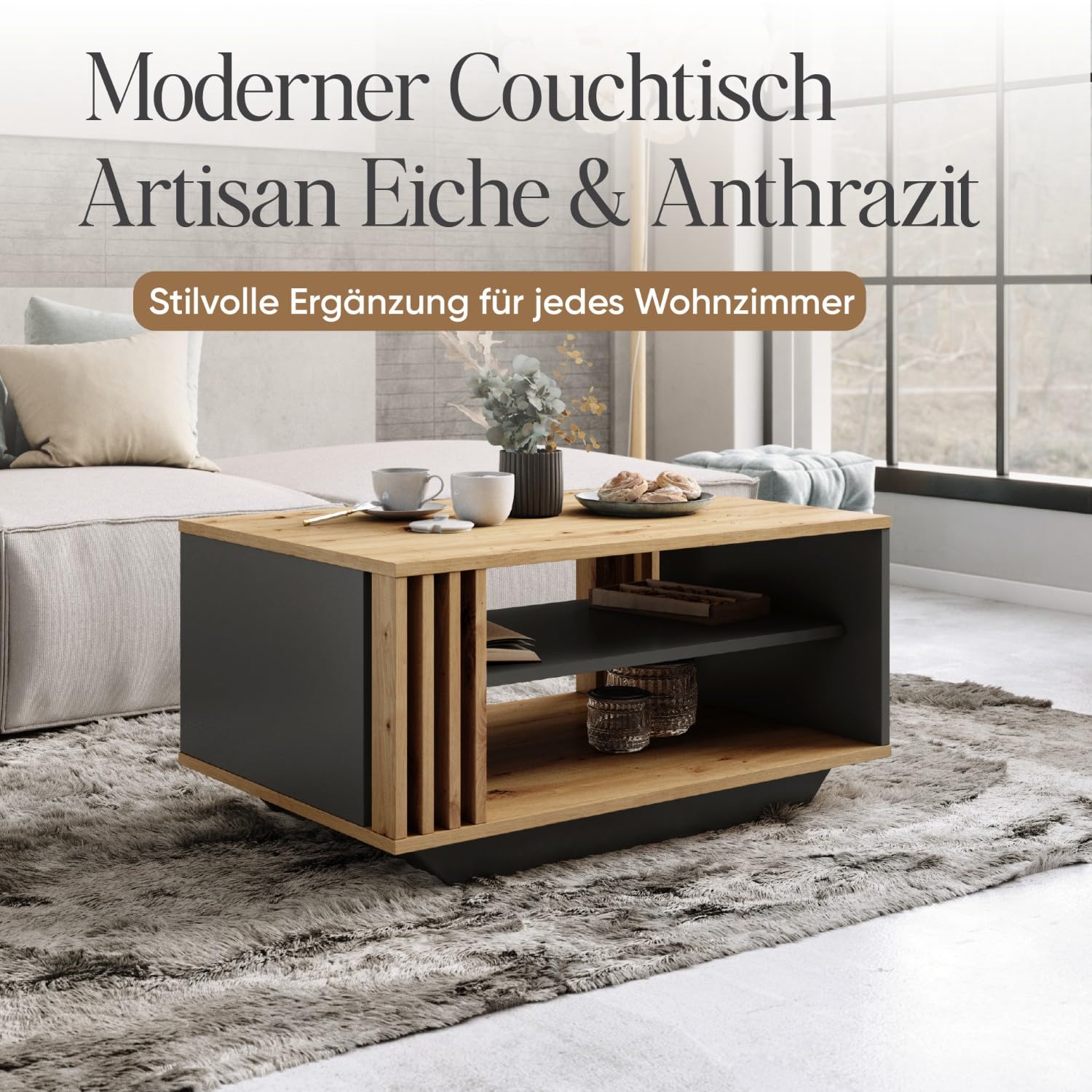 Viosimc Couchtisch, Wohnzimmertisch mit modernen Lamellen, moderner und stilvoller rechteckiger Kaffeetisch mit Ablage, stilvolle Ergänzung für jedes Wohnzimmer – Artisan Eiche & Anthrazit
