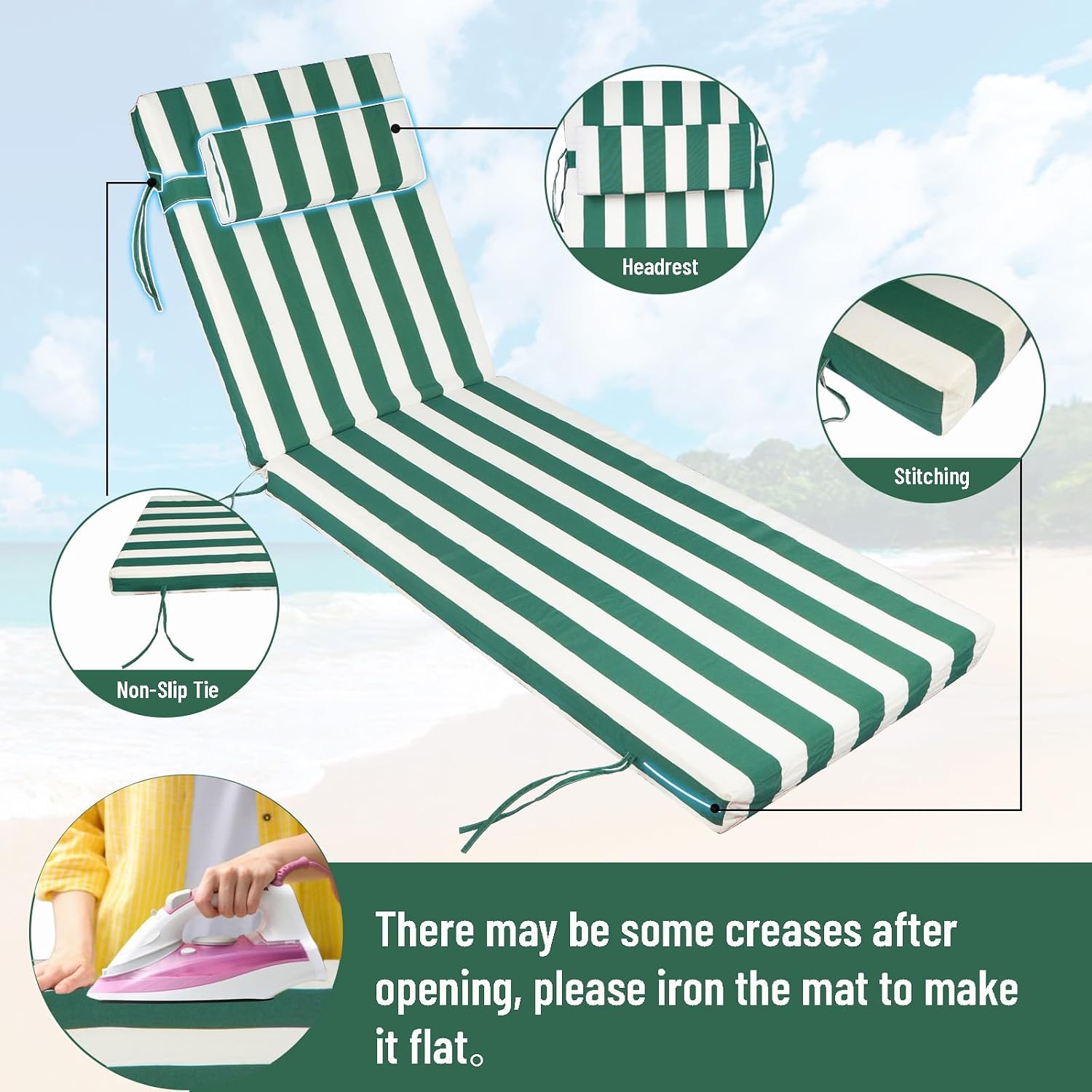 Chaise Lounge Cushions, 72" ×21" High Resilience Sponge Outdoor Lounge Chair Cushion with Removable Headrest, 3" Thicken Pool Waterproof Replacement Cushion (Green white stripes 1pc, 72x21x3 in)