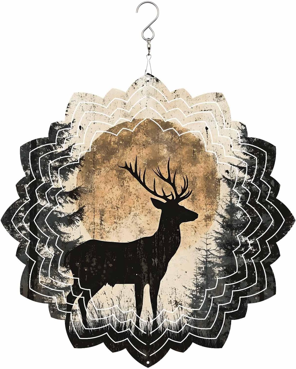 Wind Spinners Elk Forest Hanging Wind Sculptures Retro Moon Animal Oil Painting 3D Stainless Steel Metal Wind Spinners Outdoor for Garden Patio Yard Art Outdoor Indoor Decor 10 Inch