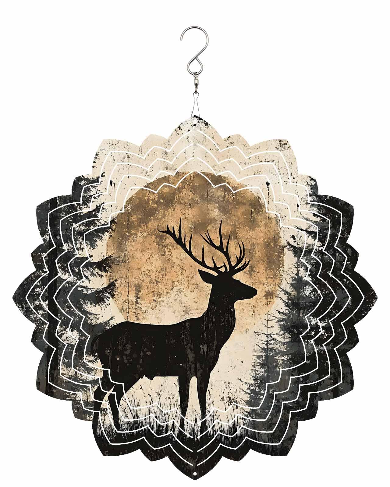 Wind Spinners Elk Forest Hanging Wind Sculptures Retro Moon Animal Oil Painting 3D Stainless Steel Metal Wind Spinners Outdoor for Garden Patio Yard Art Outdoor Indoor Decor 10 Inch